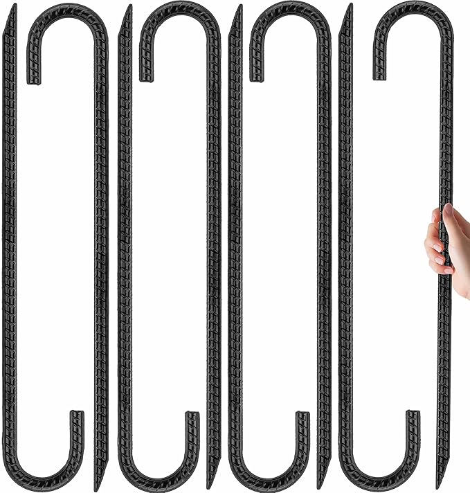 Kingsyard 8 Pack 16 Inch Galvanized Steel Metal J Hook Rebar Stakes, 0.4 inch Diameter Ground Anchors Heavy Duty Tent Stakes, Trampolines Stakes, Chain Link Fence Stakes, Black