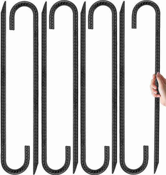 Kingsyard 8 Pack 16 Inch Galvanized Steel Metal J Hook Rebar Stakes, 0.4 inch Diameter Ground Anchors Heavy Duty Tent Stakes, Trampolines Stakes, Chain Link Fence Stakes, Black