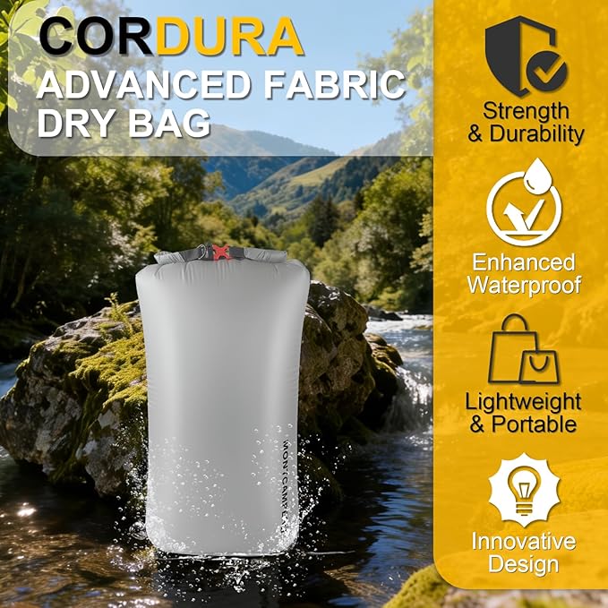 CORDURA Waterproof Dry Bag 35L – Heavy Duty IPX6 Roll Top Sack with Survival Whistle for Kayaking, Camping, Boating, Beach – Lightweight Dry Backpack (Gray)