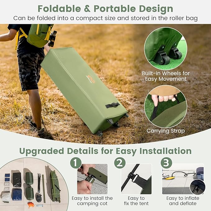 Goplus Camping Tent Cot, 5-in-1 Folding Camping Bed with Air Mattress, Pillow, Sleeping Bag, Waterproof Elevated Tent Shelter, Portable Outdoor Sleeping Cot with Carry Bag for Picnic, Trip