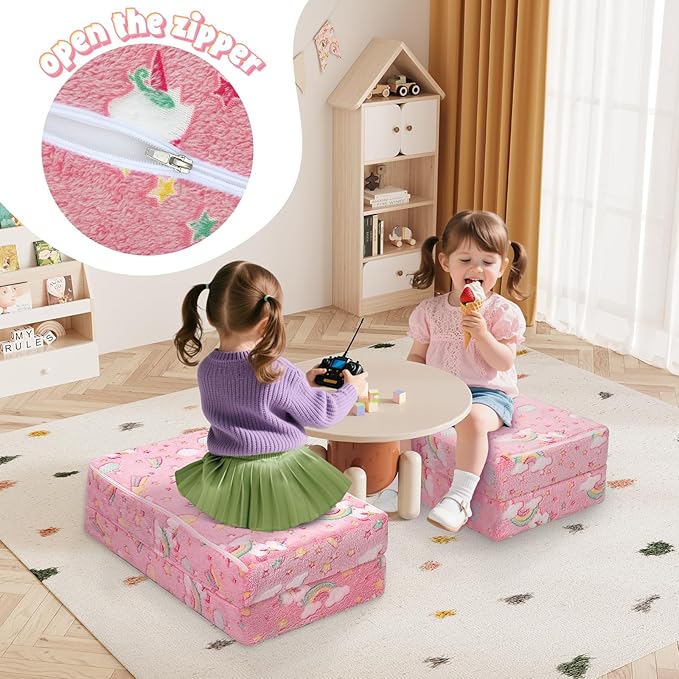 MeMoreCool Kids Folding Mattress, Trifold Mat Foldable Floor Mattress for Kids, 63x26 Portable Floor Mat with Washable Cover and Carry Bag, 4 Inch Foam Medium Firmness, Colorful Unicorn
