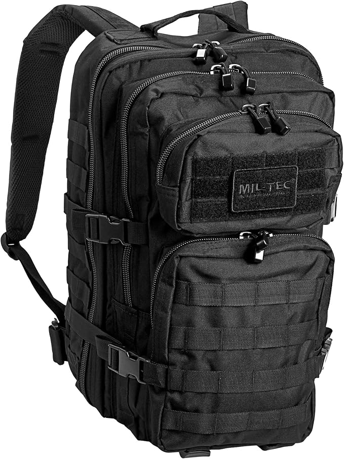 Mil-Tec Unisex Assault Pack - Rugged Durable Lightweight Ergonomic Versatile Tactical Outdoor Camping Hiking Backpack with Adjustable Padded Shoulder Straps & MOLLE Loops, Black, 36L