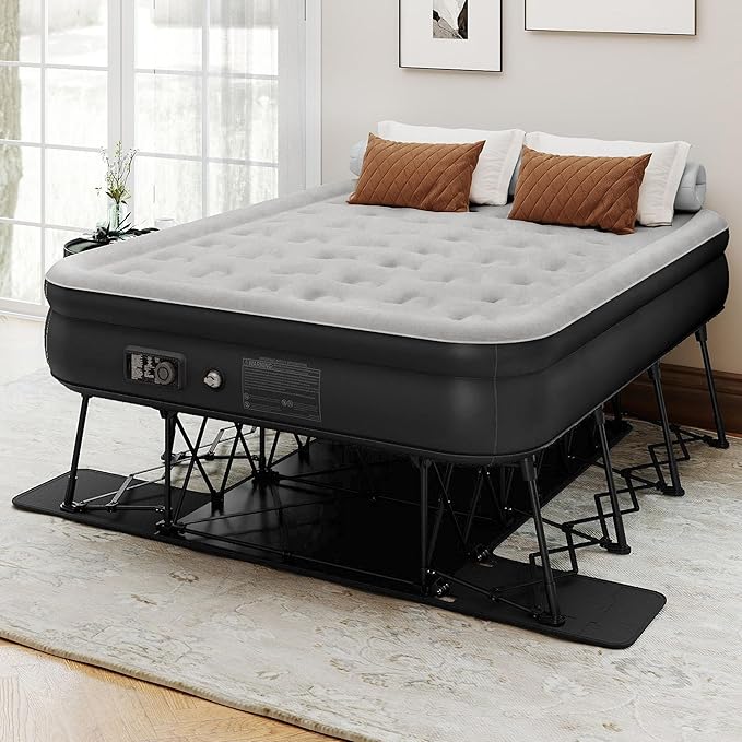 DWVO Inflatable Queen Air Bed with Folding Frame & Rolling Bag, Built-in Pump Blow Up Mattress for Camping, Guest Room & Travel, Portable Air Mattress with Case, 79 x 59 x 28 Inches, Black