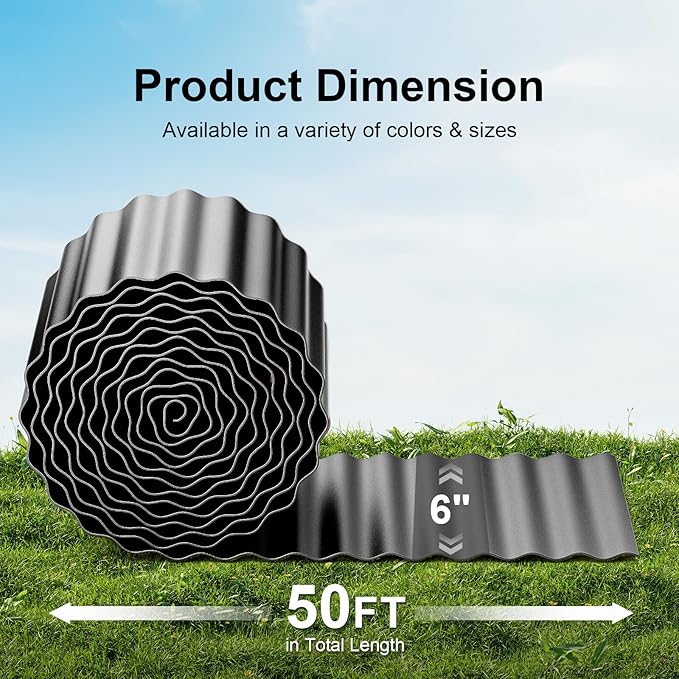 Land Guard Corrugated Garden Edging Border, 6" x 50' Landscape Paver Edging, Tall Landscape Edging, Fence for Garden, Flower Bed, Lawn and Landscape Edging (Glossy Black)