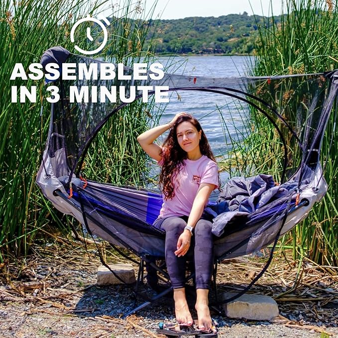 Portable Hammock with Stand, World's Best Mock ONE® Hammock Samsara Set, Compact Folding Framed Hammock with Bug Net and Tarp for Park, Backyard, Garden, Camping, Hiking, Mountaineering, Beaches- Blue