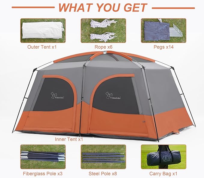 Vidalido Tents，8-10 Person Camping Tent with Extended Vestibule，2 Room Weather Resistant Family Tents，Easy Install Waterproof Outdoor Tent for Camping Hiking