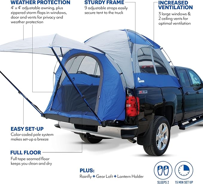 Napier Sportz Truck Tent | Pickup Truck Bed Camping Tent | Full Rainfly for Water Protection | Sturdy and Spacious 2-Person Truck Tent | Easy 15-Minute Setup | Blue/Gray