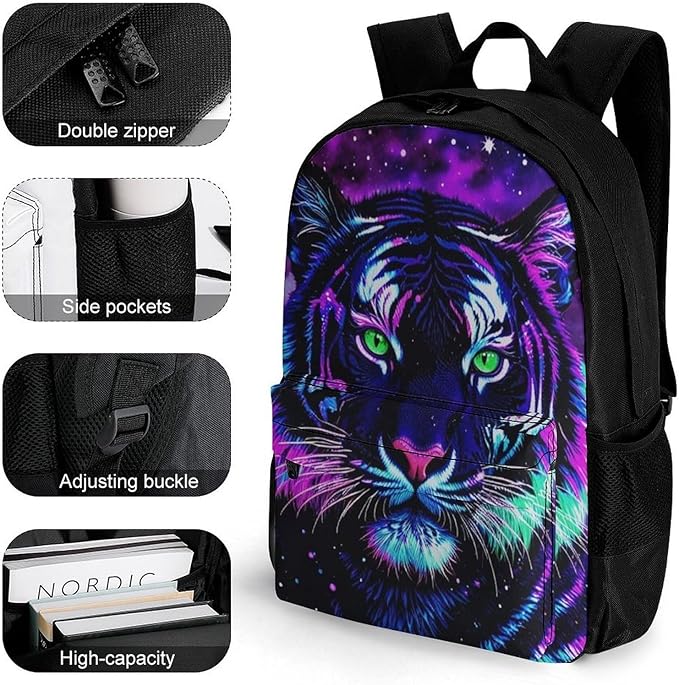 Polyester Daypack for Camping Travel Walking Cycling, Big Capacity Anti-Theft Multipurpose Bookbag, Mystic Fantasy Galaxy Sky Fantasy Wild Animals Tiger Art Camping Outdoor Backpack