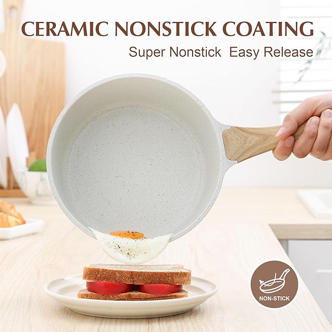SENSARTE White Ceramic Nonstick Saucepan with Lid Set, Small Cooking Pot with Stay Cool Handle, Induction Compatible Saucepot, White Granite Coating, PFOA/PFAS Free, 2.0 + 2.5QT