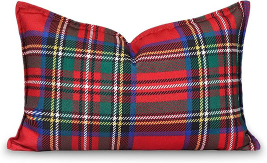 Hofdeco Premium Classic Christmas Holiday Winter Heavy-Weight Canvas Decorative Lumbar Pillow Cover ONLY for Couch, Sofa, Bed, Scottish Tartan Plaid with Sherpa Back, Red, 12"x20"