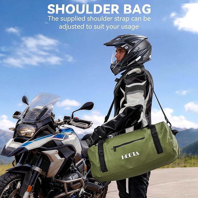HEETA Waterproof Motorcycle Dry Bag, Waterproof Duffel Luggage Travel Bags with Zippered Closure & Pocket, Shoulder Straps, Large Space for Motorcycling Camping Commuting Boating (Green, 70L)