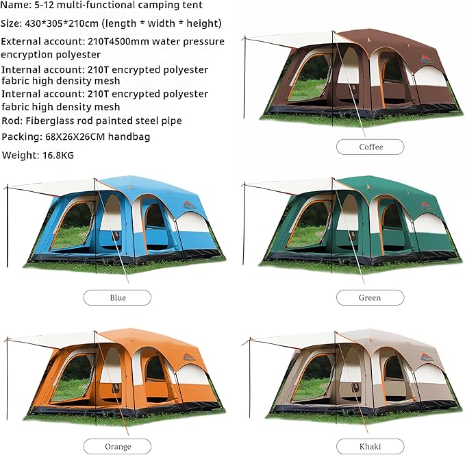 Large Family Standing Upright Camping Tent - 5-12 Persons Multi-Room Waterproof Tent with Screened Porch - Glamping Tent for Outdoor Camping & Family Vacation