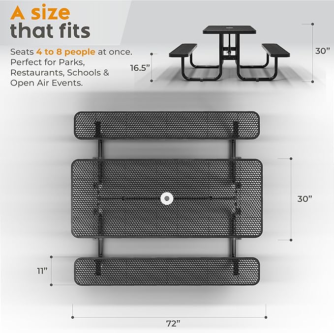 Metal Picnic Furniture for Outdoors with Umbrella Hole - Coated Steel Heavy Duty Commercial Grade Table with Adjustable Seats, Patio Set for a Lifetime (Black, 6' Rectangular)