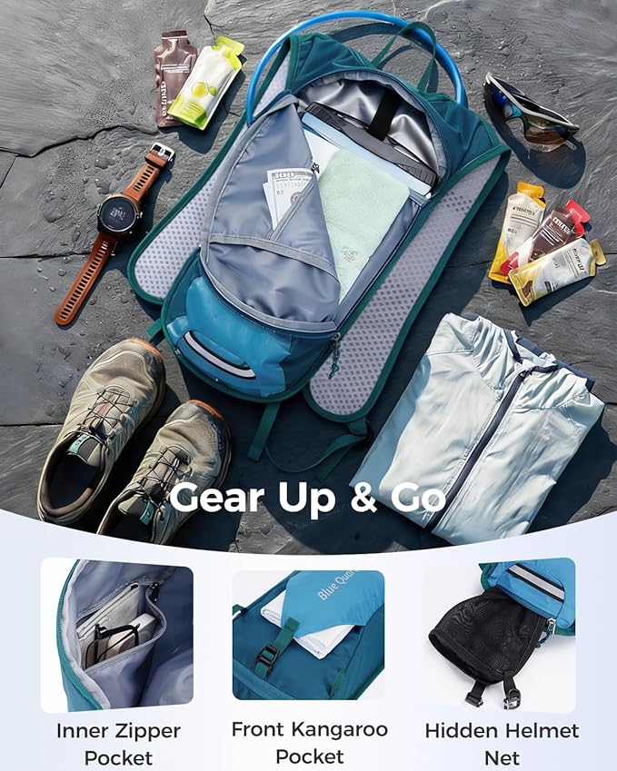 Blue Quartz Hydration Backpack with 2L Water Bladder - Lightweight Cycling & Running Pack for Men Women, Breathable Mesh Straps, L-Zip Wide Opening Hydration Pack for Quick Access