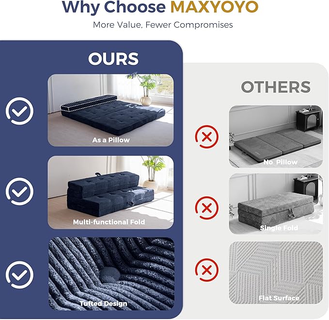 MAXYOYO Folding Mattress, 4 Inch Tufted Foldable Mattress Full Foam Bed, Tri-Fold Floor Couch with Handles Guest Bed Topper Portable Camping Mat with Corded Fabric, Queen Size, Navy