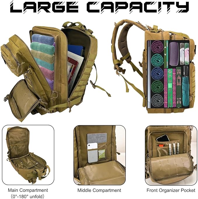 WOLT Military Tactical Backpack for Men 45L Molle Backpack 3 Day Assault Pack Bug Out Bag, Heavy Duty Rucksack for Hiking Gym(Khaki)