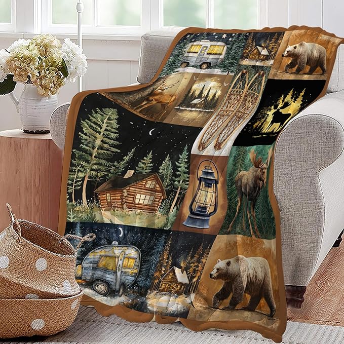 Camping Blanket Cabin Bear Deer Throw Blankets Gifts for Girls Boys Kids Camping Lover Soft Cozy Fleece Plush for Couch Sofa Bed 80"x60"