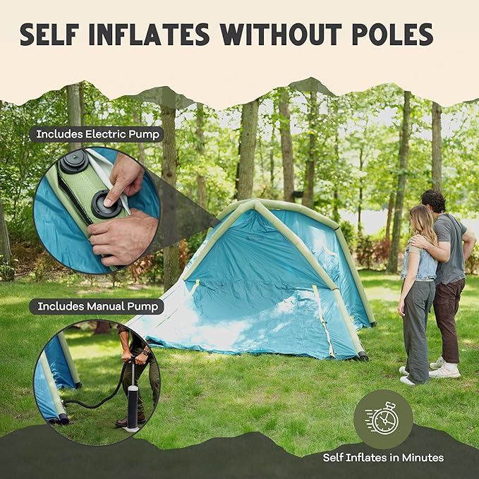 CloudCamp Inflatable Tents for Camping- 6 People Waterproof Oxford Fabric(210D), Quick Setup Air Tent with Manual & Battery Pump, UV Protection, 4-Season Inflatable Tent