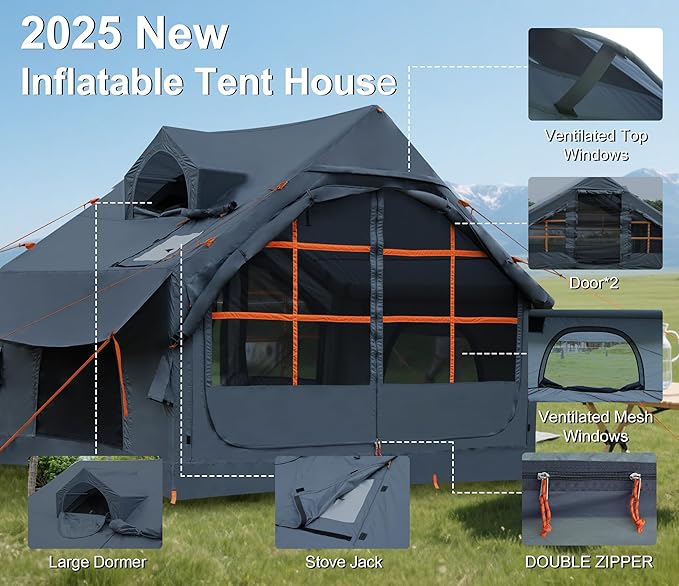 Inflatable Tents for Camping with Stove Jack, 2/4/6/8 Person Easy Setup Blow Up Tents for 4 Seasons Waterproof Inflatable Camping Tent with Awning, Air House Glamping Tents for Camping Adult