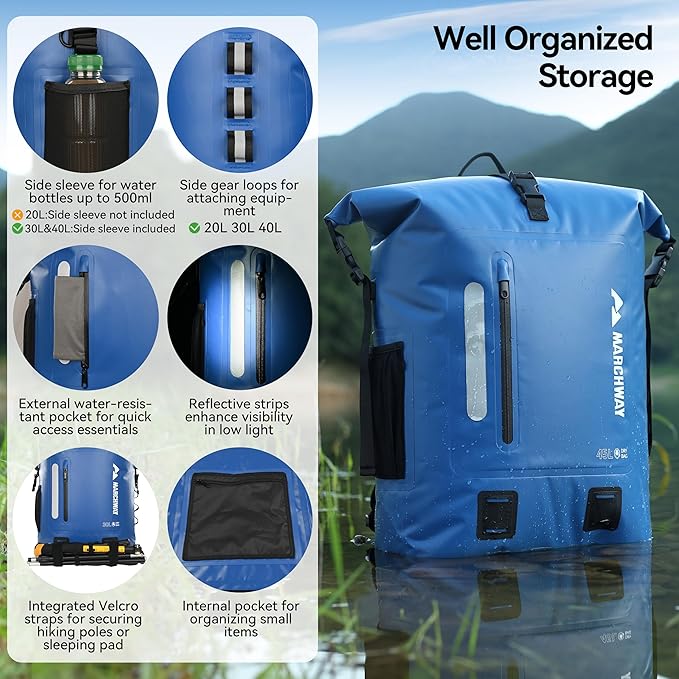 MARCHWAY Roll Top Waterproof Backpack, Floating Dry Bag 20L/30L/45L with Ergonomic Rectangular Base, Cushioned Back, Hip Strap for Hiking Camping Kayaking Travel (Blue, 20L)