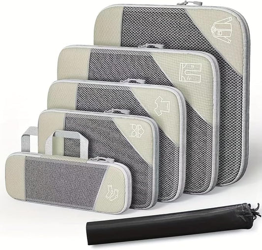 6Pcs Compression Packing Cubes Set, Waterproof Travel Luggage Organizer with Drawstring Bag, Lightweight Nylon Suitcase Storage Bags for Travel Camping Business Trip