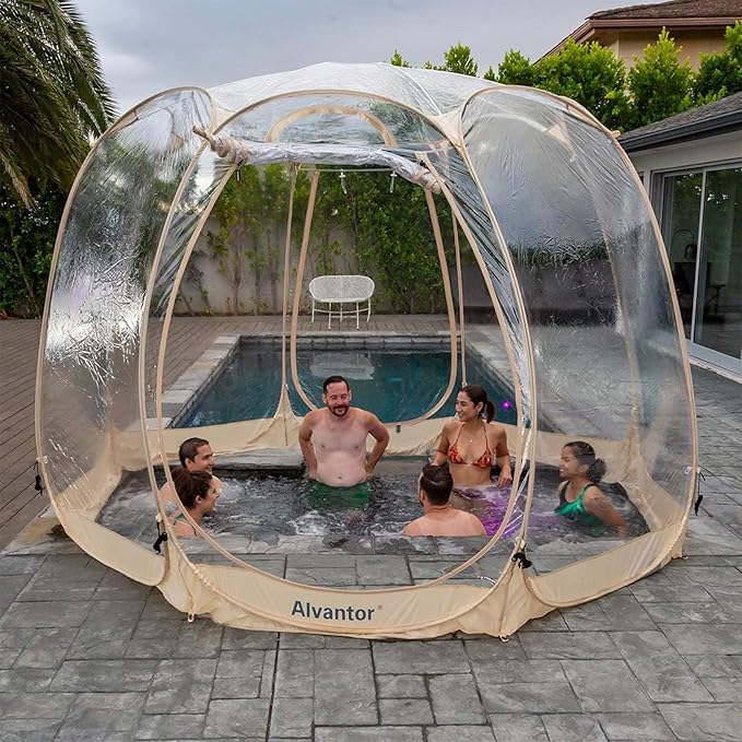 Alvantor Pop Up Bubble Tent - 12’ x 12’ Instant Igloo Tent - 8-10 Person Screen House for Patios - Large Oversize Weather Proof Pod - Cold Protection Camping - Beige