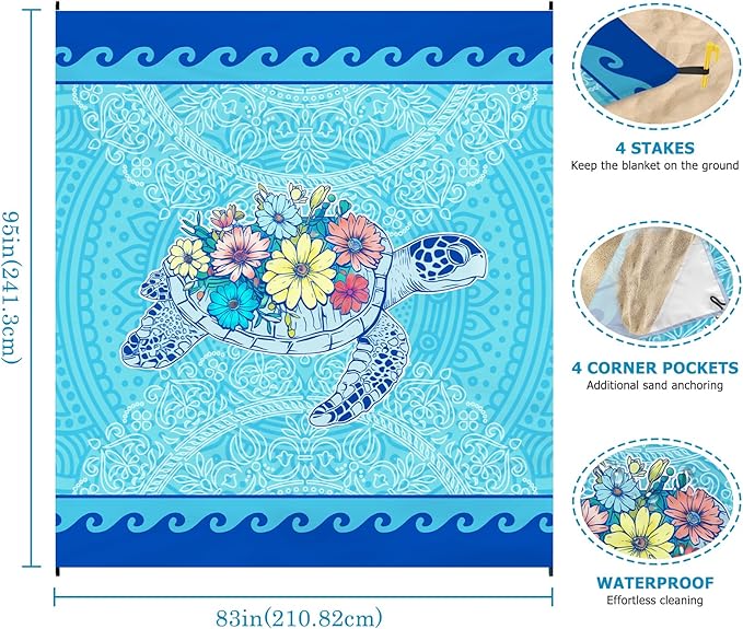 Beach Blanket Waterproof Sandproof, Turtle Flowers Oversized Extra Large Picnic Mat 83"×95"/8 × 7 FT for 1-7 Adults for Travel Camping Hiking, Quick Drying Lightweight Beach Vacation Essentials
