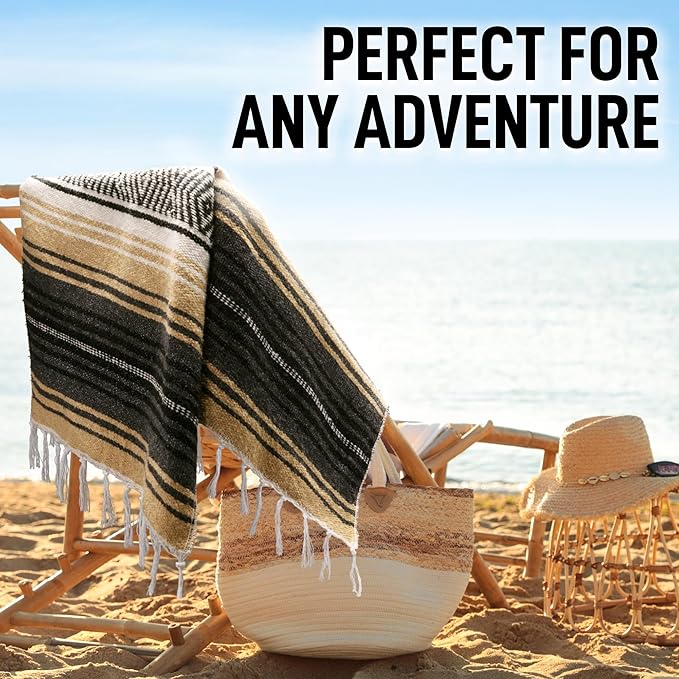 Authentic Large Handwoven Mexican Blanket - Soft Yoga Blankets - Durable Serape - Lightweight Falsa Blanket, Beach, Camping, Picnic, Equestrian Saddle, Outdoor Blankets 70"x50" - Sand