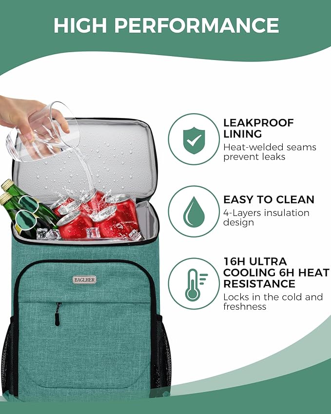 BAGLHER Lightweight Insulated Cooler Backpack - 30 Cans, Leak-Proof for Lunch, Picnic, Hiking, Camping Trips