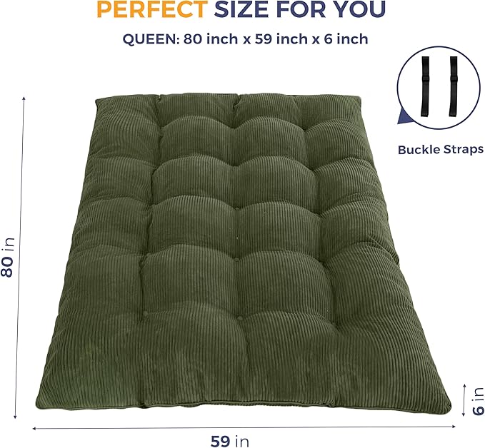 MAXYOYO 6" Japanese Floor Mattress, Foldable Futon Mattress Queen Size, Tufted Roll Up Floor Bed, Thick Tatami Mat Sleeping Pad Portable Lounger for Camping Guest Room Dormitory Bedroom RV, Dark Green
