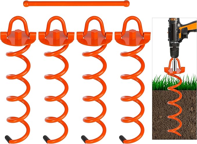 FEED GARDEN 12.2 Inch Spiral Ground Anchors Heavy Duty Screw in Spiral Stakes, 4 Pack Folding Ring Ground Stakes for Securing Dogs,Tents, Trampolines, Canopies, Swing Sets,Orange