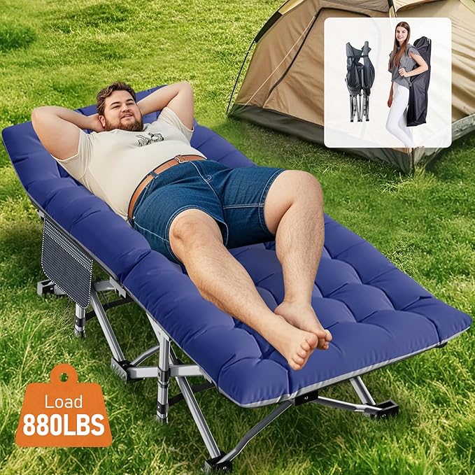 Slsy Folding Camping Cot for Adults with Pad, Padded Portable Sleeping Cots, Camp Bed with Carry Bag for Outdoor Travel, Beach, Hiking