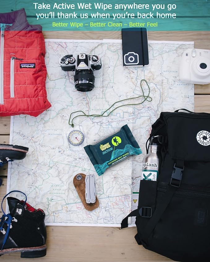 Combat Wipes ACTIVE Outdoor Wet Wipes - Extra Thick Camping Gear, Biodegradable, Body & Hand Cleansing/Refreshing Cloths for Backpacking & Gym w/Natural Aloe & Vitamin E (20 Packs, 500 Wipes)