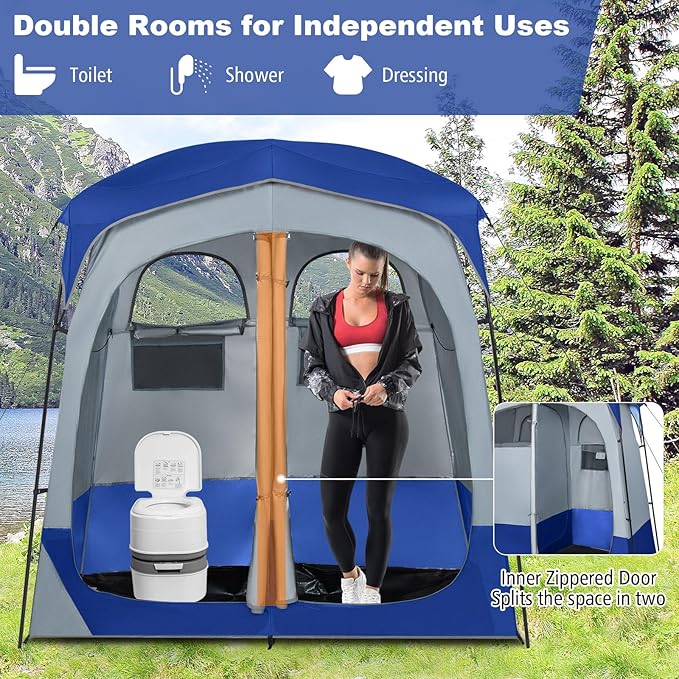 LDAILY Camping Shower Tent, 2 Room Instant Privacy Tent with Floor, Removable Rain Cover, Mesh Window, Inside Pocket and Clothesline, Portable Changing Room for Outdoor Toilet, Dressing