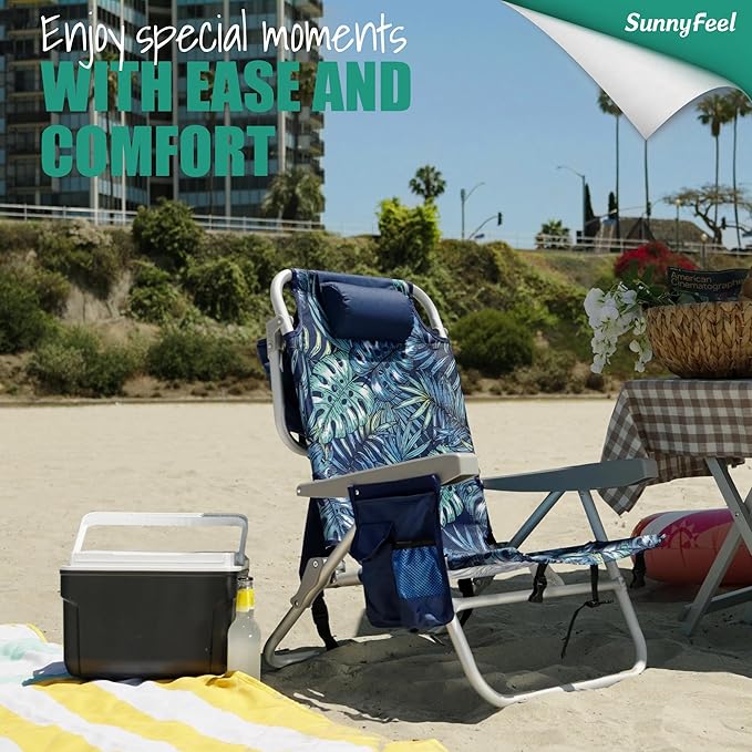 SUNNYFEEL Low Beach Chairs for Adults 5 Position Lay Flat, Portable Folding Backpack Beach Chair Heavy Duty with Cooler Bag, Cup Holder for Outdoor/Lawn/Picnic, Foldable Camping Chair