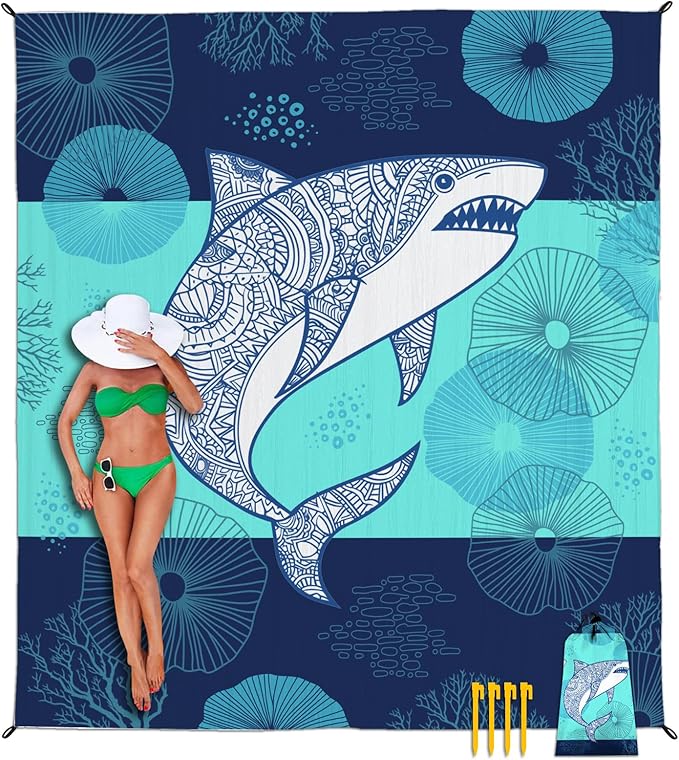 Beach Blanket Waterproof Sandproof, Shark Oversized Extra Large Picnic Mat 83"×95"/8 × 7 FT for 1-7 Adults for Travel Camping Hiking, Quick Drying Lightweight Beach Vacation Essentials