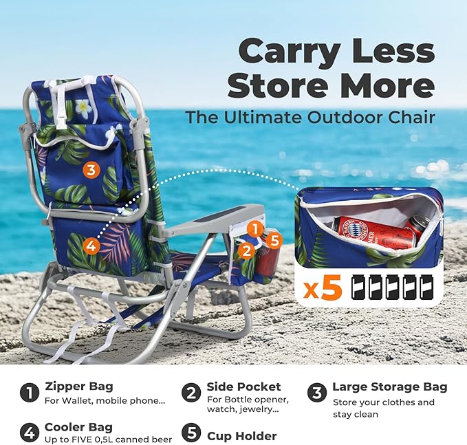 Low Beach Chairs for Adults - 5-Position Reclining Backpack Chair with Large Insulated Cooler & Storage Pocket, Aluminum Frame, Portable for Travel & Outdoor, Supports 300lbs, Tropical Palm