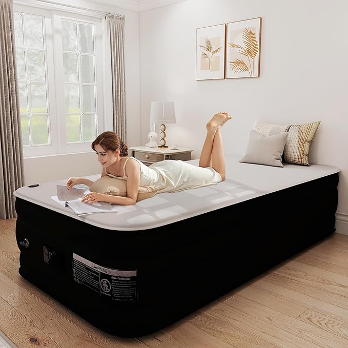 Twin Air Mattress,17” Inflatable Blow Up Bed with High Capacity Built in Pump, Soft Milk Fiber Topper. 450 Lb. Limit, for Home, Camping, Guests