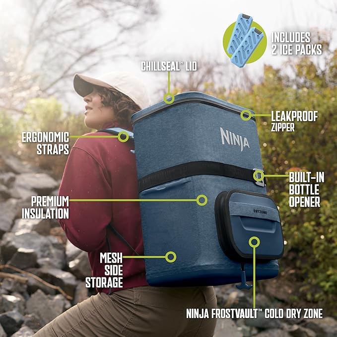 Ninja FrostVault Go Can Soft Cooler, 24/36 Can, Leak Proof, Built-In Cup Holder, 2 Ice Packs & Dry Storage Drawer, Polyester Insulation, Hiking, Camping, Picnic