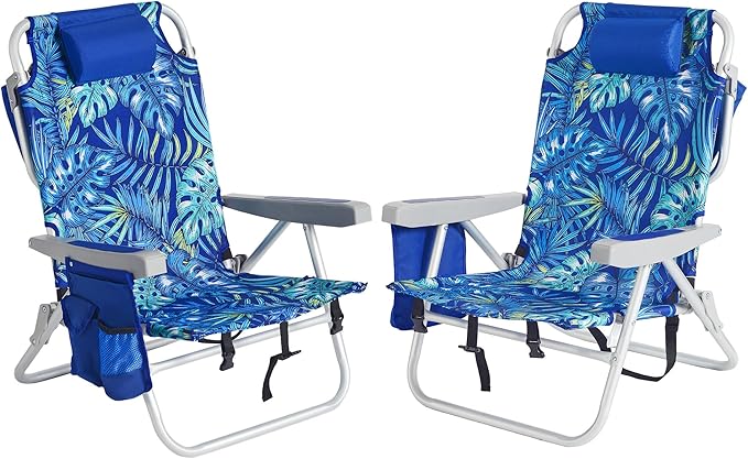 SUNNYFEEL Beach Chairs for Adults 2 Pack 5 Position Lay Flat, Portable Folding Backpack Beach Chair Heavy Duty with Cooler Bag, Cup Holder for Outdoor/Lawn/Picnic/Sand, Foldable Camping Chair