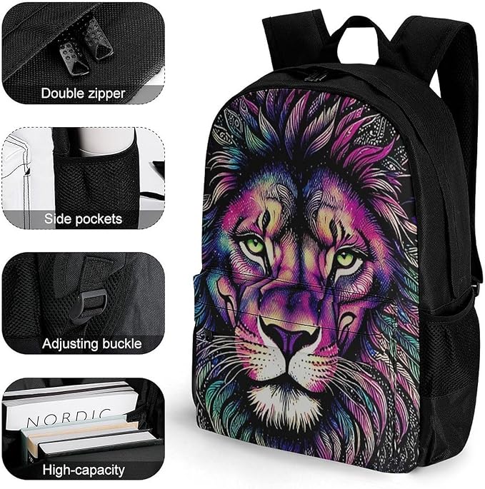 Supdreamc Lightweight Rucksacks for Camping Picnic Walking Cycling, Large Capacity Multipurpose Anti-Theft Carry On Bag, Colorful Lion Galaxy Art Travel Hiking Camping Rucksack