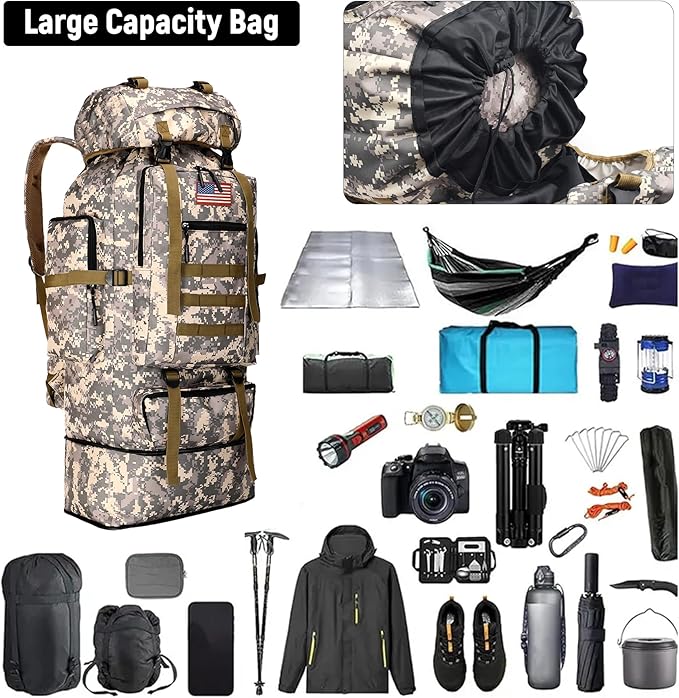 JUMAHE 100L Hiking Backpack for Men - Rucksack Molle Military Tactical Waterproof Lightweight Camping Backpack 3 Day Assault Pack for Travel, Climbing, Backpacking