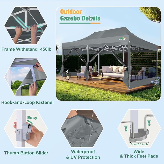 COBIZI 10x20 Canopy Tent, Heavy Duty Pop up Canopy with Sidewalls, Waterproof Easy Setup Canopy with Mosquito Netting, Outdoor Instant Screen Tents for Parties, Wedding with Roller Bag, Gray
