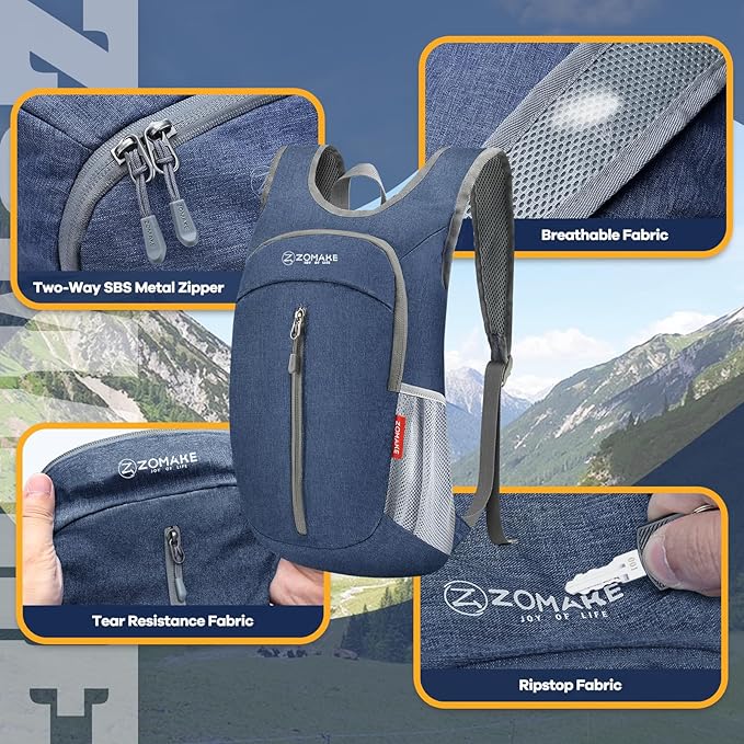 ZOMAKE 10L Ultra Lightweight Packable Backpack, Small Daypack Light Foldable Backpacks Water Resistant Day Bag for Hiking(Navy Blue)
