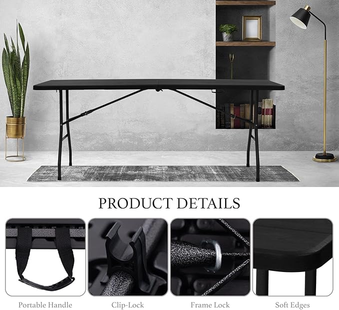 AJP Distributors 6 Foot Portable Plastic Folding Table 6FT 72" Half Foldable Heavy Duty Top w/Carry Handle - Indoor Outdoor Camping Picnic Party Wedding Dining Office Event Meeting Black Wood Style