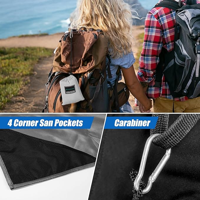 Odoland Pocket Blanket Picnic Blanket, 71" x 63" SandProof Waterproof Outdoor Beach Blanket with Portable Bag, Foldable Lightweight Sand Free Quick Drying Beach Mat for Hiking Camping Travel,Grey