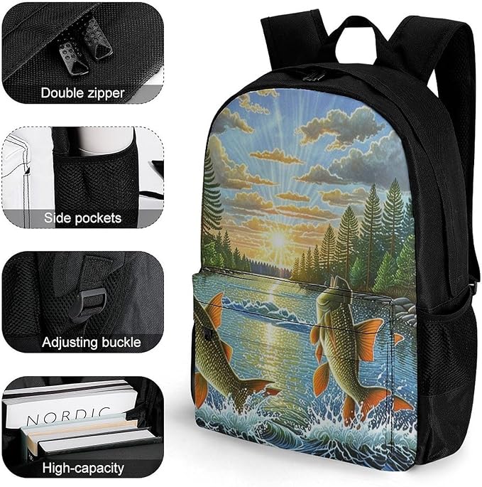 Supdreamc Backpack Polyester Anti-Theft Multipurpose Two Fish Jumping Out Of Water Art Bookbag Large Capacity Laptop Book Bag Rucksack With Side Pockets