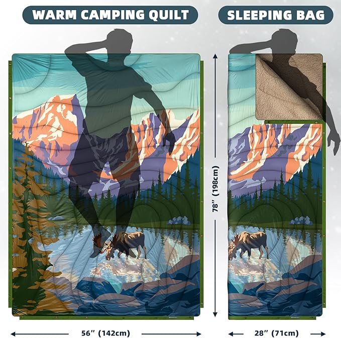 Outdoor Camping Blanket with Sherpa Lining, Extra Warm Thick Camp Blankets and Puffy Ultralight Soft Poncho DWR Camping Quilt for Cold Weather, Adventure, Sleeping, Backpacking 78"x 56"