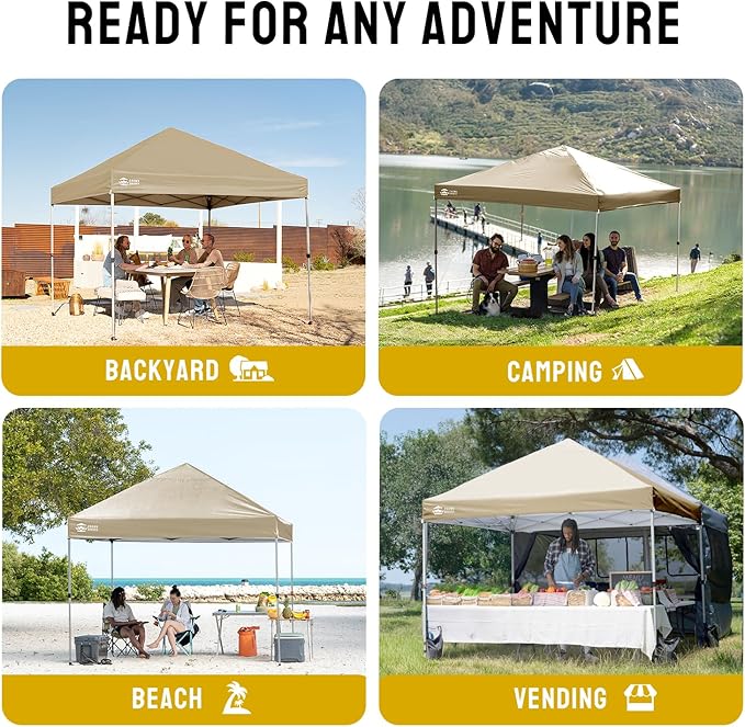 CROWN SHADES 8x8 Pop Up Canopy - Beach Tent with One Push Setup - Easy Outdoor Sun Shade for Events, Parties, Camping - Gazebo with STO-N-Go Cover Bag, Silver Coated Top, Beige