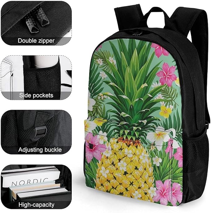 Men Women Polyester Hawaiian Pineapple Flowers Floral Backpack Large Capacity Bookbag With Smooth Zippers for Climbing Picnic Bicycle